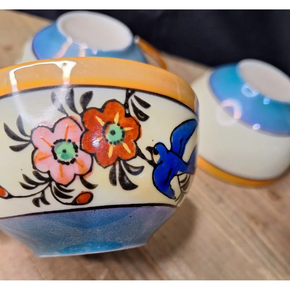 Vintage Japanese Lusterware Teacups Set of‎ 3 Blue Bird Floral Porcelain Japan
